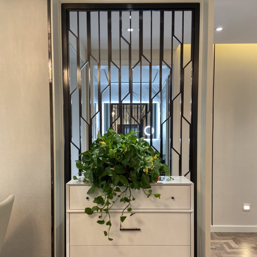 輕奢鐵藝不銹鋼長虹玻璃屏風隔斷定制現(xiàn)代簡約客廳入戶玄關(guān)置物架